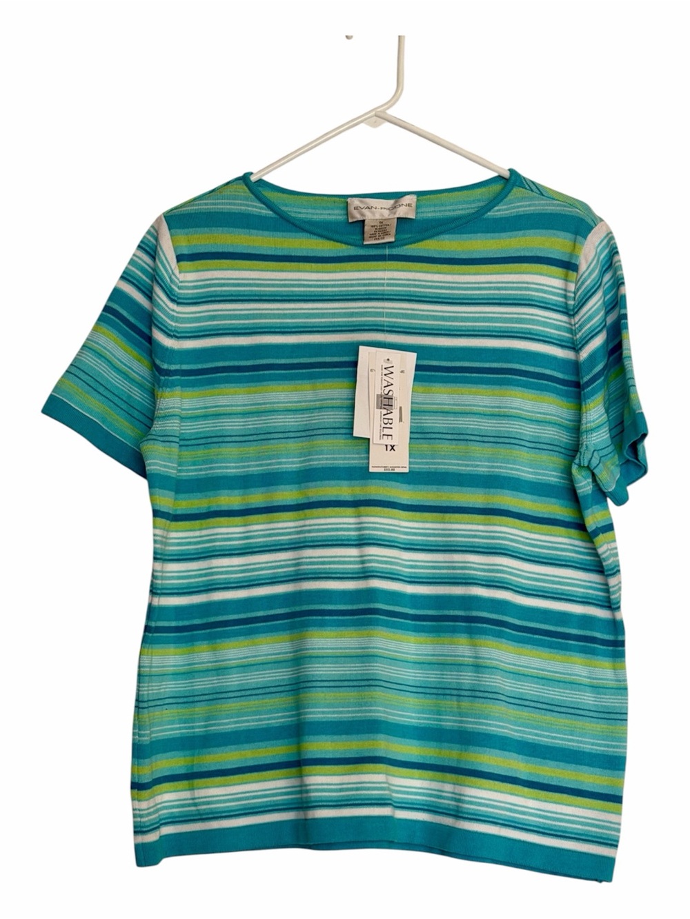 Evan-Picone Striped Teal, Aqua & Lime Short Sleeve Knit Top 1X